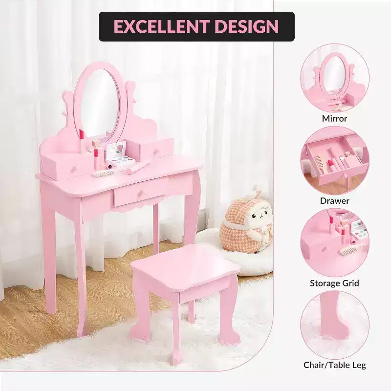 Acekool Set da Trucco per Bambini con Specchio Regolabile, Tavolo da Gioco per Bambini, Sedia e Accessori Trucco, Bianco