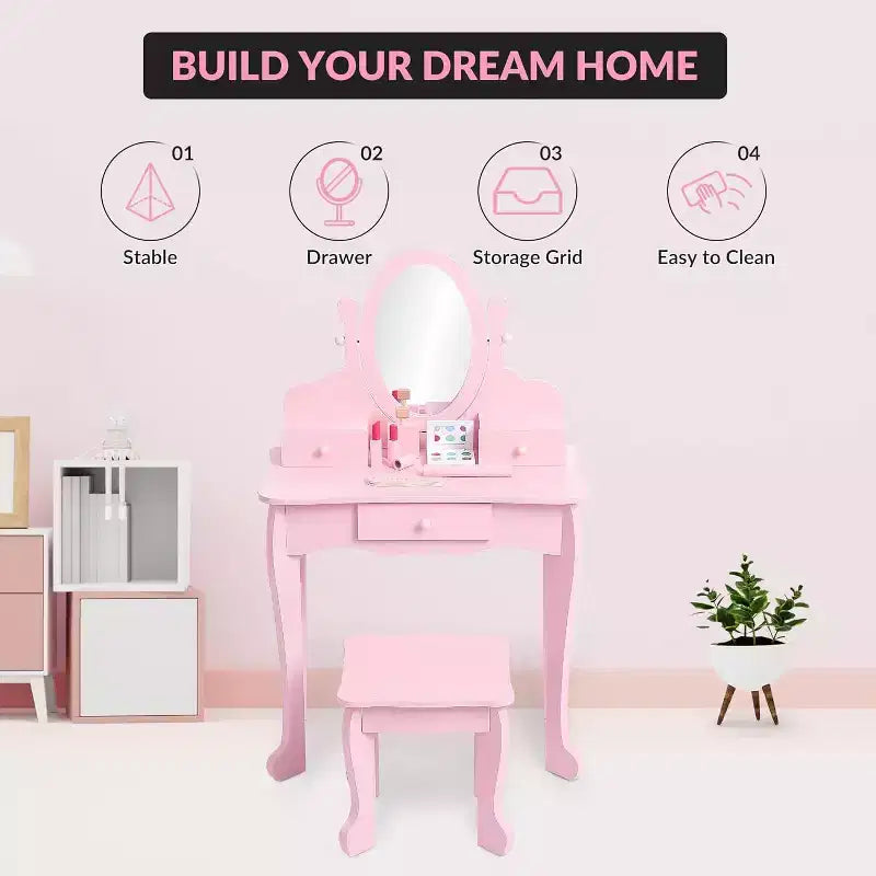Acekool Set da Trucco per Bambini con Specchio Regolabile, Tavolo da Gioco per Bambini, Sedia e Accessori Trucco, Bianco