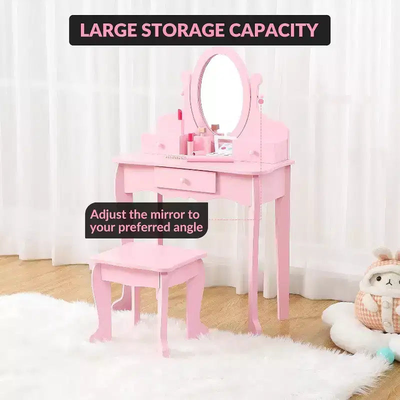 Acekool Set da Trucco per Bambini con Specchio Regolabile, Tavolo da Gioco per Bambini, Sedia e Accessori Trucco, Bianco