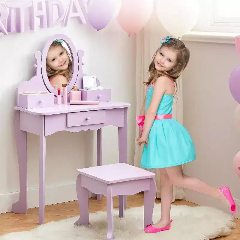Acekool Set da Trucco per Bambini con Specchio Regolabile, Tavolo da Gioco per Bambini, Sedia e Accessori Trucco, Bianco
