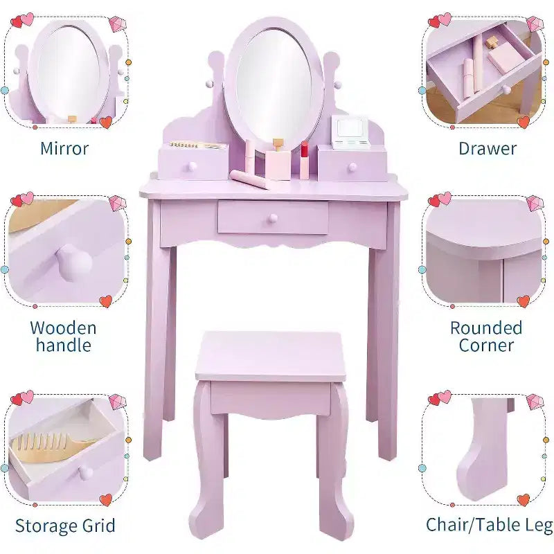 Acekool Set da Trucco per Bambini con Specchio Regolabile, Tavolo da Gioco per Bambini, Sedia e Accessori Trucco, Bianco