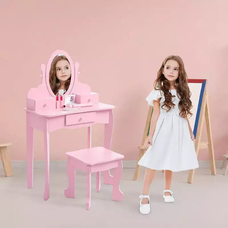 Acekool Kids Vanity Set with Adjustable Mirror, Childs Pretend Play Table, Chair & Makeup Accessories, White