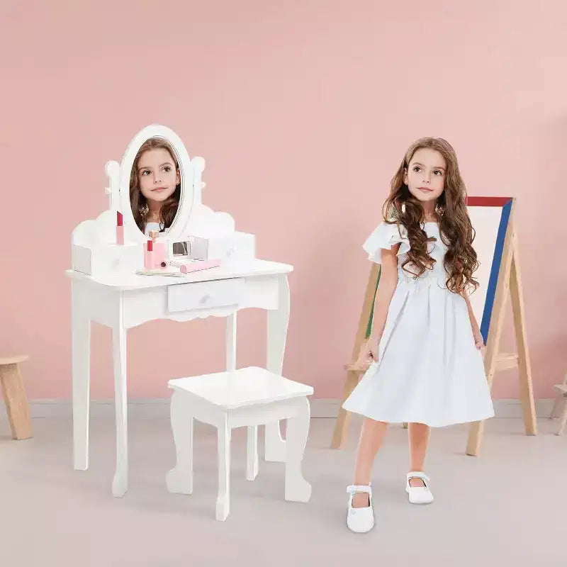 Acekool Set da Trucco per Bambini con Specchio Regolabile, Tavolo da Gioco per Bambini, Sedia e Accessori Trucco, Bianco