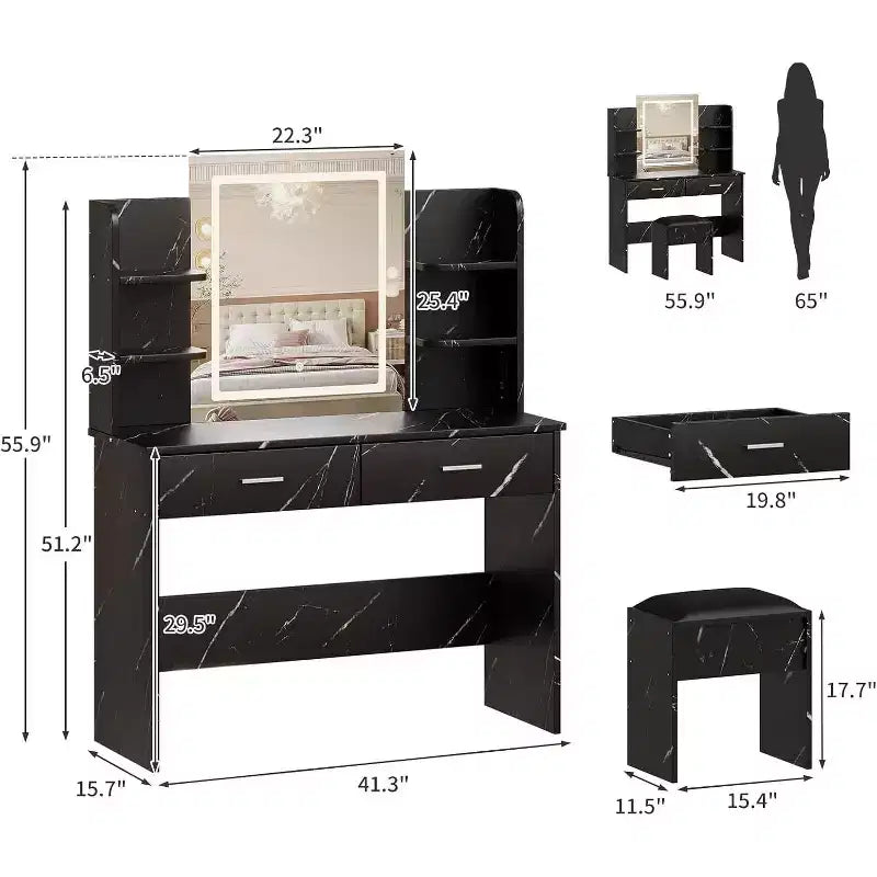 Acekool Toeletta con Specchio Illuminato, Sgabello, Presa Elettrica, 6 Ripiani, 2 Grandi Cassetti, LED Regolabile a 3 Colori, Postazione Trucco per Camera da Letto, Nero