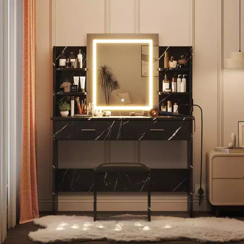 Acekool Toeletta con Specchio Illuminato, Sgabello, Presa Elettrica, 6 Ripiani, 2 Grandi Cassetti, LED Regolabile a 3 Colori, Postazione Trucco per Camera da Letto, Nero