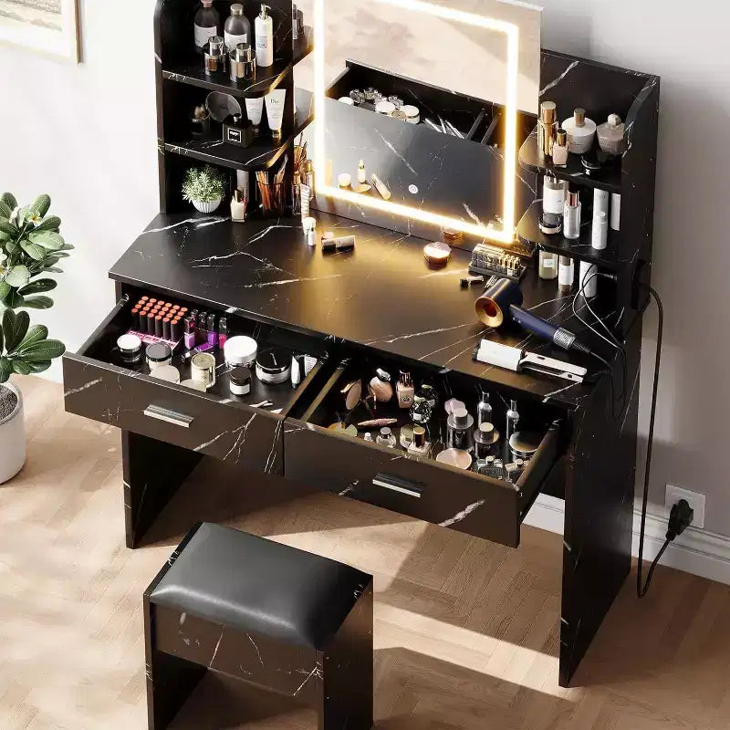 Acekool Toeletta con Specchio Illuminato, Sgabello, Presa Elettrica, 6 Ripiani, 2 Grandi Cassetti, LED Regolabile a 3 Colori, Postazione Trucco per Camera da Letto, Nero