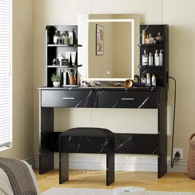 Acekool Toeletta con Specchio Illuminato, Sgabello, Presa Elettrica, 6 Ripiani, 2 Grandi Cassetti, LED Regolabile a 3 Colori, Postazione Trucco per Camera da Letto, Nero