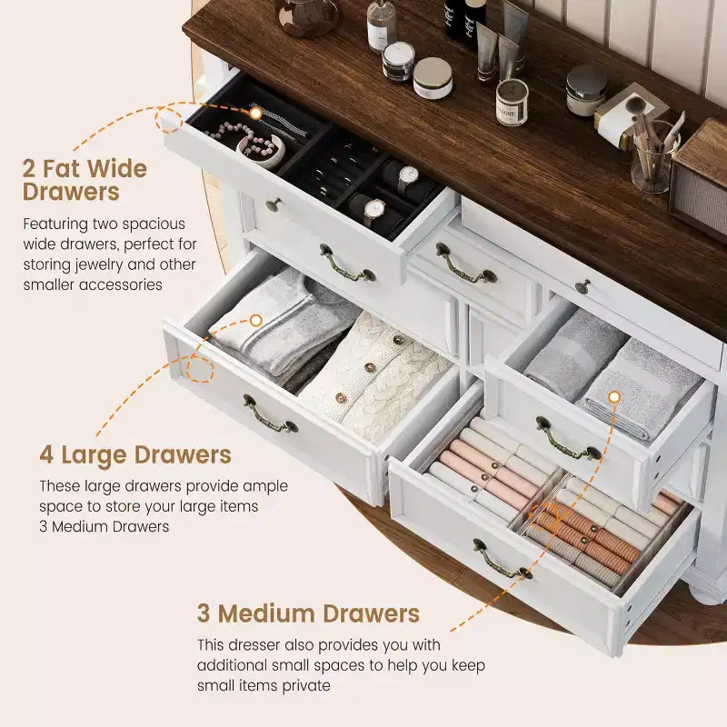 Comodino a 9 cassetti per camera da letto, cassettiera in legno stile rustico con maniglia, organizzatore per gioielli per soggiorno, corridoio