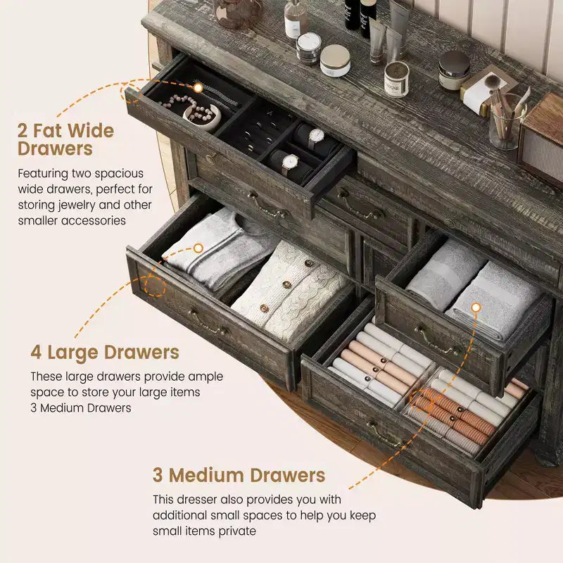 Comodino a 9 cassetti per camera da letto, cassettiera in legno stile rustico con maniglia, organizzatore per gioielli per soggiorno, corridoio