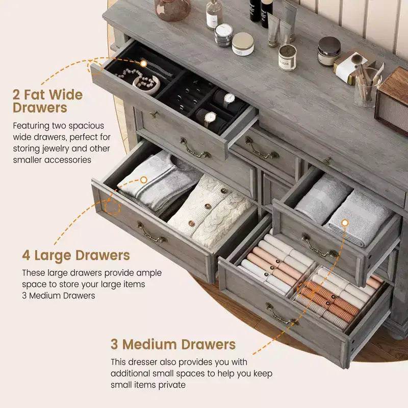 Comodino a 9 cassetti per camera da letto, cassettiera in legno stile rustico con maniglia, organizzatore per gioielli per soggiorno, corridoio