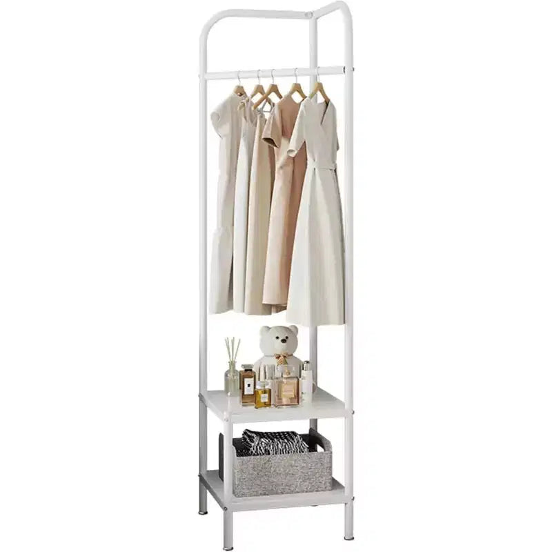 Metal Corner Coat Rack Freestanding with 2-Tier Shelves - Space Saving Garment Rack, Clothes Rail with Hooks