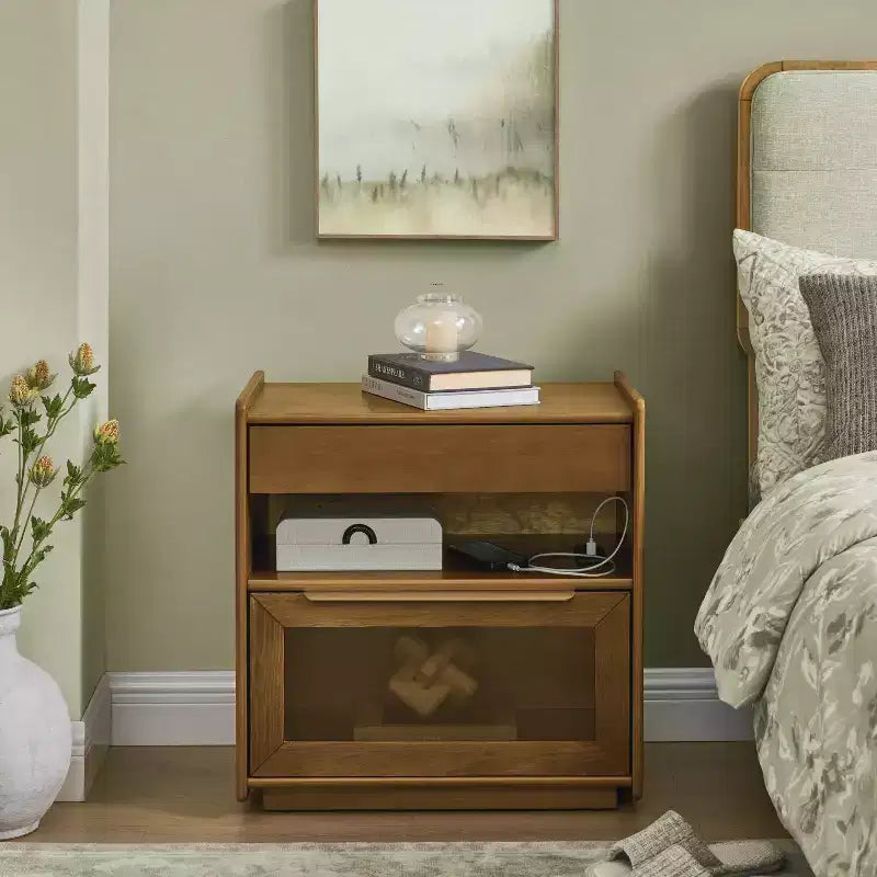 Comodino moderno con 2 cassetti, comodino moderno per camera da letto con ripiano aperto, tavolino laterale in legno per soggiorno e camera da letto