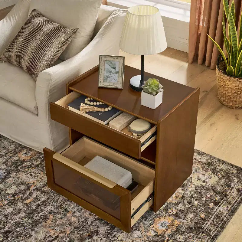 Comodino moderno con 2 cassetti, comodino moderno per camera da letto con ripiano aperto, tavolino laterale in legno per soggiorno e camera da letto