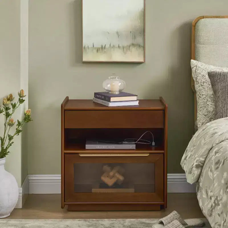 Comodino moderno con 2 cassetti, comodino moderno per camera da letto con ripiano aperto, tavolino laterale in legno per soggiorno e camera da letto