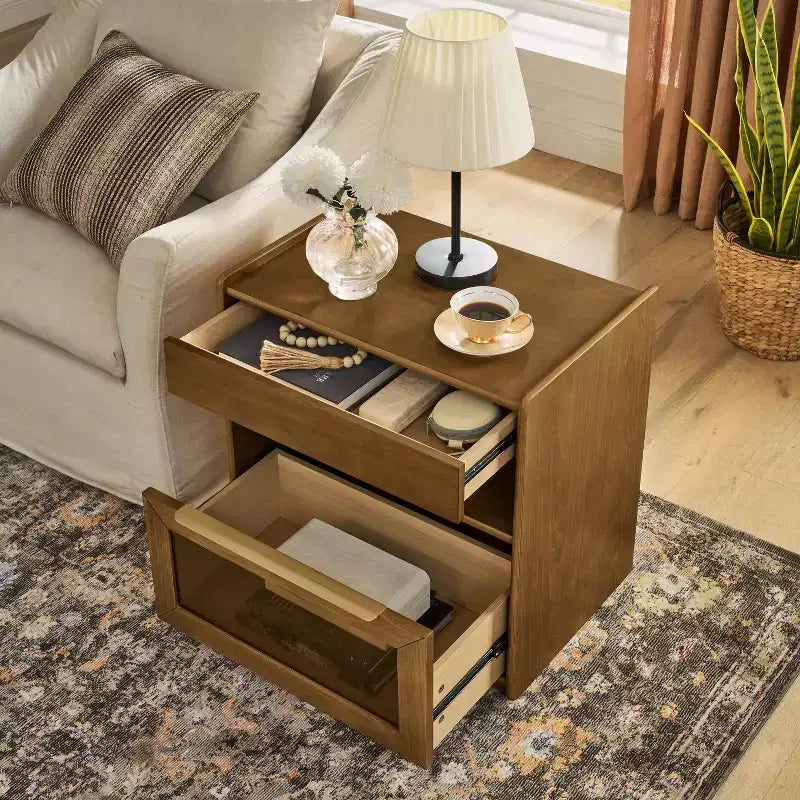 Comodino moderno con 2 cassetti, comodino moderno per camera da letto con ripiano aperto, tavolino laterale in legno per soggiorno e camera da letto
