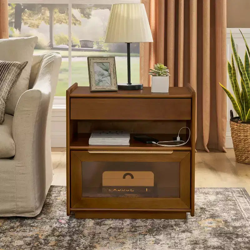 Modern End Table With 2 Drawers, Modern Bedroom Nightstand with Open Shelf, Wood Sofa Side Table for Living Room Bedroom