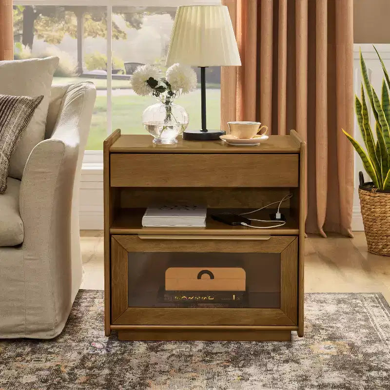 Comodino moderno con 2 cassetti, comodino moderno per camera da letto con ripiano aperto, tavolino laterale in legno per soggiorno e camera da letto