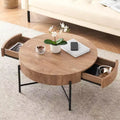 Round Coffee Table Solid Wood Center Table with Two Drawers Farmhouse Circle Coffee Table Living Room Rustic Cocktail Table ,Natural