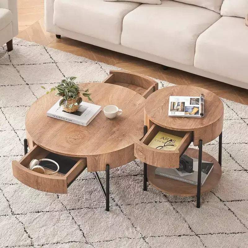 Tavolino rotondo da caffè in legno massello con due cassetti, stile rustico farmhouse, per soggiorno, tavolino da cocktail, naturale