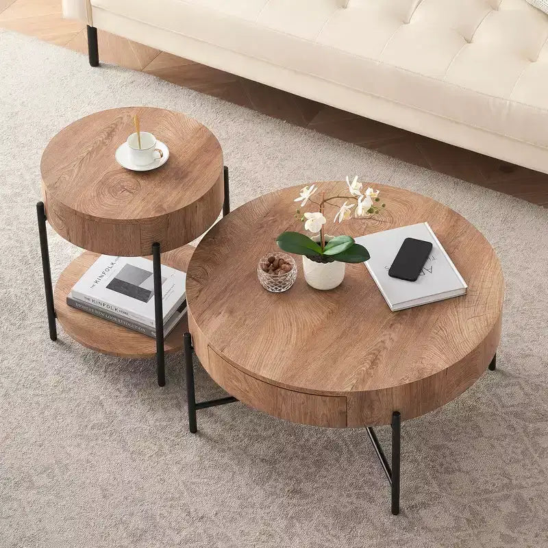 Tavolino rotondo da caffè in legno massello con due cassetti, stile rustico farmhouse, per soggiorno, tavolino da cocktail, naturale