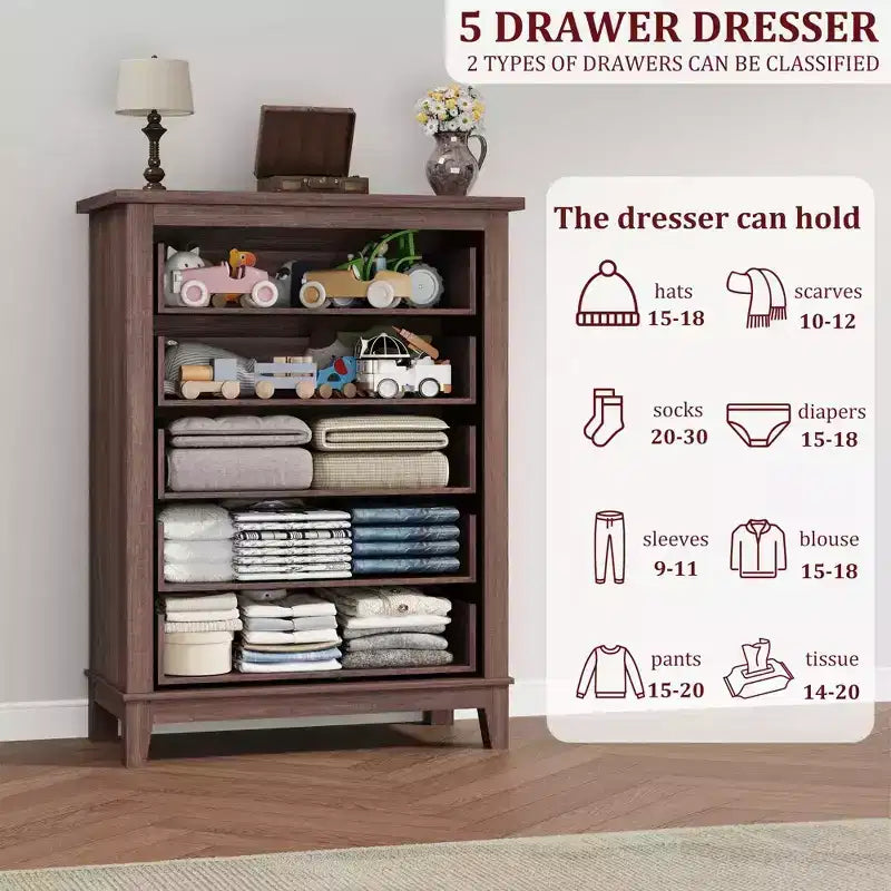 Cassettiera a 5 cassetti per camera da letto, cassettiera verticale alta 105 cm con scomparti, armadio contenitore in legno indipendente per soggiorno, camera da letto, ingresso