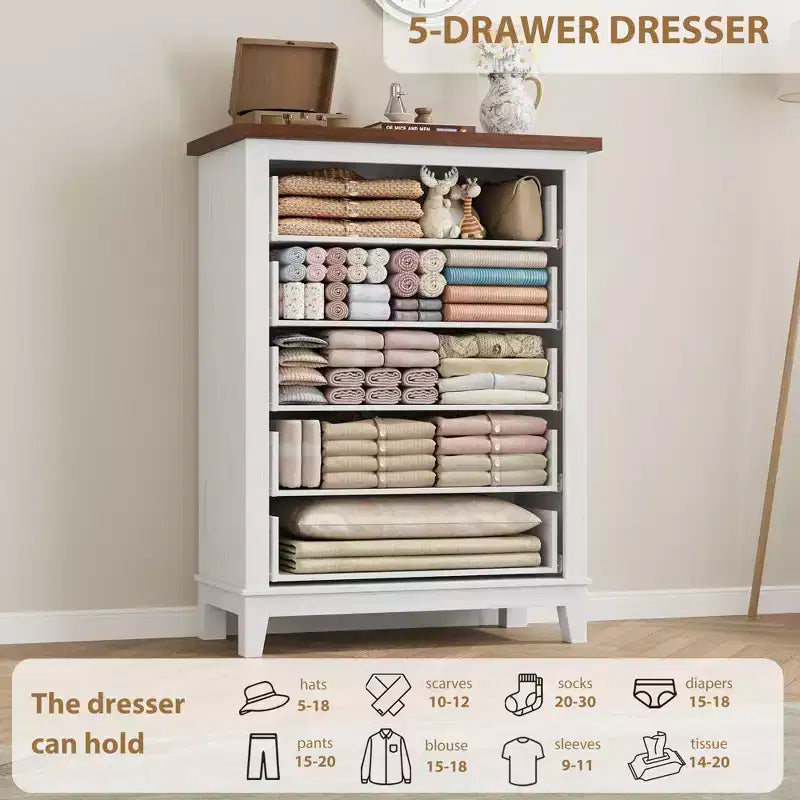 Cassettiera a 5 cassetti per camera da letto, cassettiera verticale alta 105 cm con scomparti, armadio contenitore in legno indipendente per soggiorno, camera da letto, ingresso