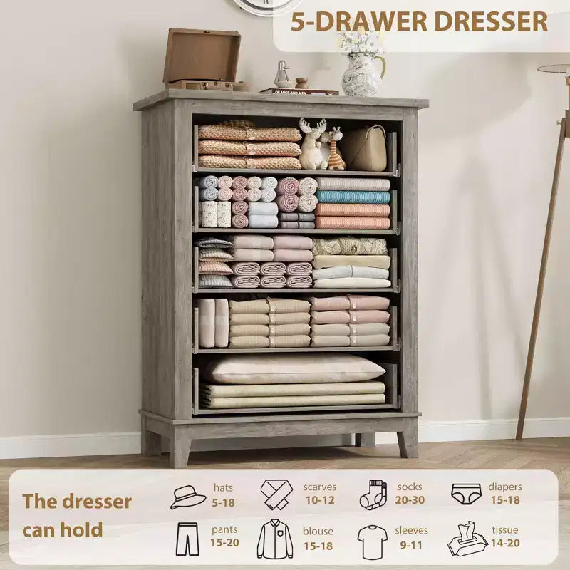 Cassettiera a 5 cassetti per camera da letto, cassettiera verticale alta 105 cm con scomparti, armadio contenitore in legno indipendente per soggiorno, camera da letto, ingresso