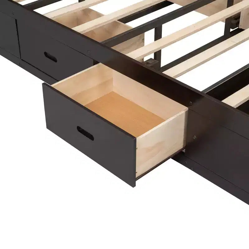 Letto a piattaforma Queen Size Whisen Wood con testiera contenitore, scarpiera e 4 cassetti