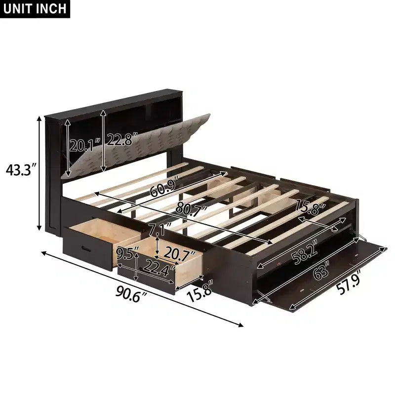 Letto a piattaforma Queen Size Whisen Wood con testiera contenitore, scarpiera e 4 cassetti