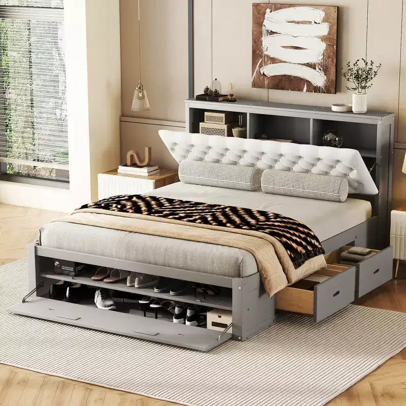 Letto a piattaforma Queen Size Whisen Wood con testiera contenitore, scarpiera e 4 cassetti