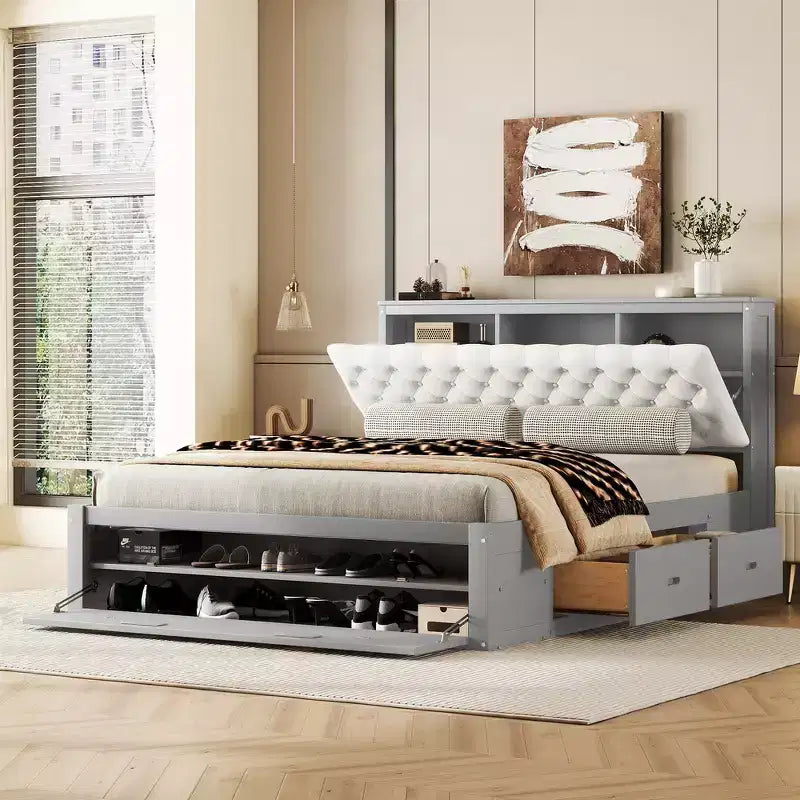 Letto a piattaforma Queen Size Whisen Wood con testiera contenitore, scarpiera e 4 cassetti