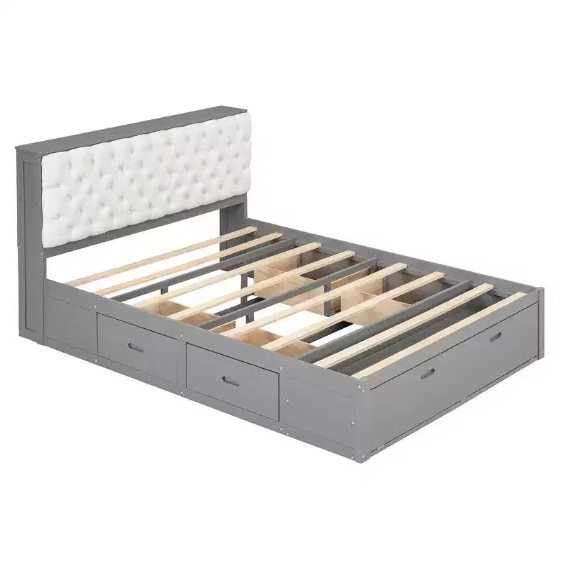 Letto a piattaforma Queen Size Whisen Wood con testiera contenitore, scarpiera e 4 cassetti