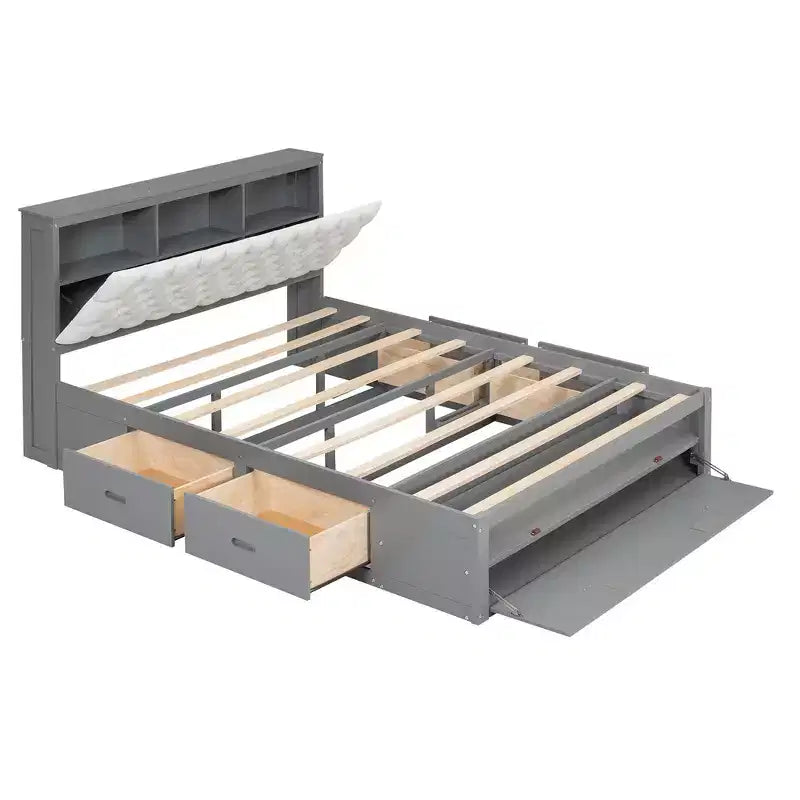 Letto a piattaforma Queen Size Whisen Wood con testiera contenitore, scarpiera e 4 cassetti