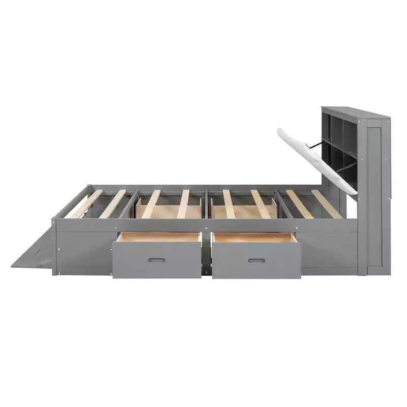 Letto a piattaforma Queen Size Whisen Wood con testiera contenitore, scarpiera e 4 cassetti