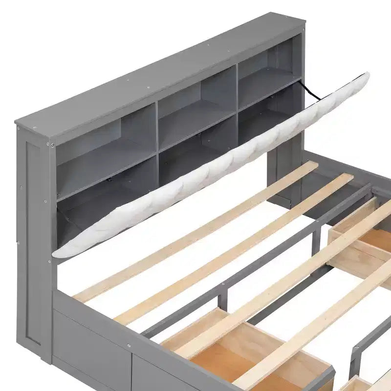 Letto a piattaforma Queen Size Whisen Wood con testiera contenitore, scarpiera e 4 cassetti