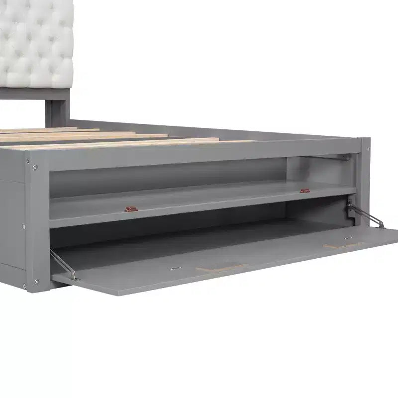 Letto a piattaforma Queen Size Whisen Wood con testiera contenitore, scarpiera e 4 cassetti