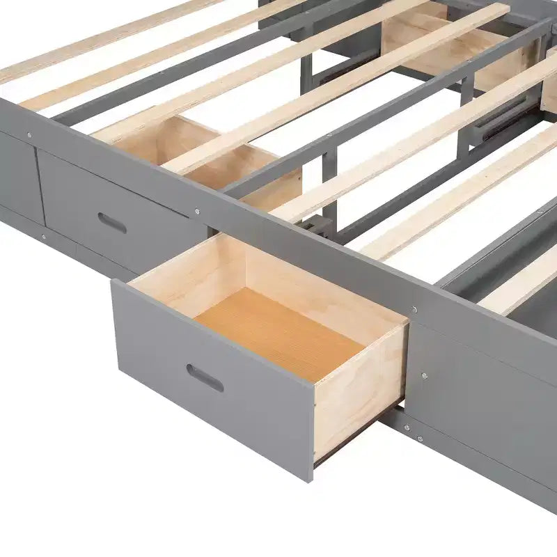 Letto a piattaforma Queen Size Whisen Wood con testiera contenitore, scarpiera e 4 cassetti