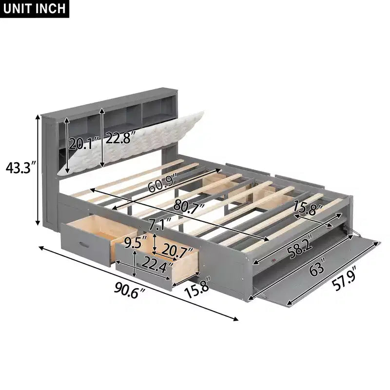 Letto a piattaforma Queen Size Whisen Wood con testiera contenitore, scarpiera e 4 cassetti