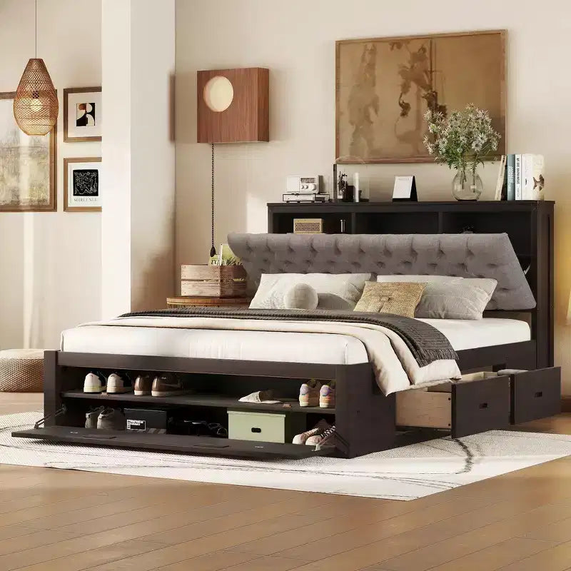 Letto a piattaforma Queen Size Whisen Wood con testiera contenitore, scarpiera e 4 cassetti
