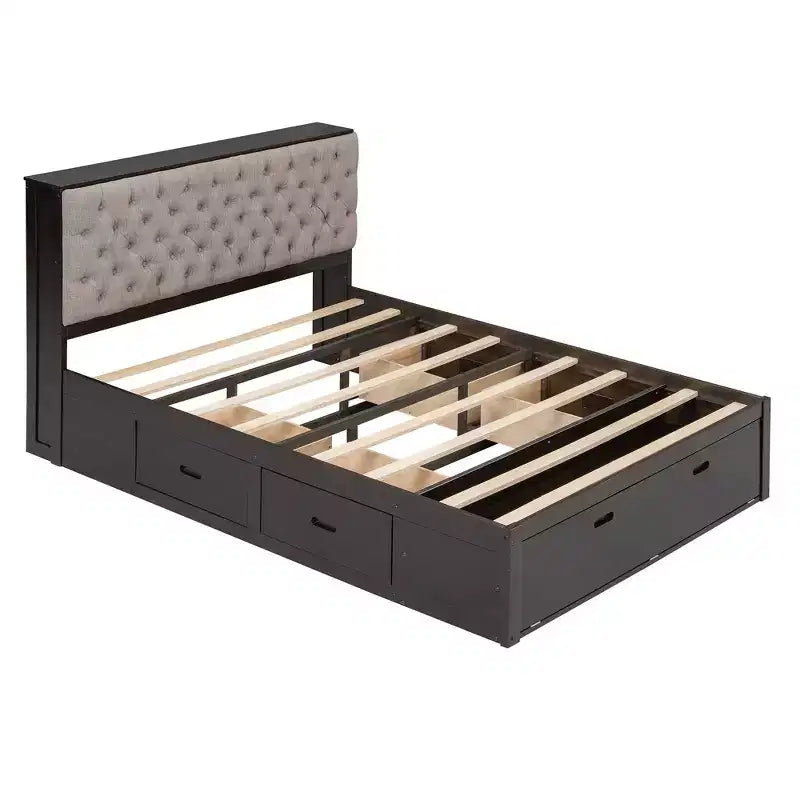 Letto a piattaforma Queen Size Whisen Wood con testiera contenitore, scarpiera e 4 cassetti