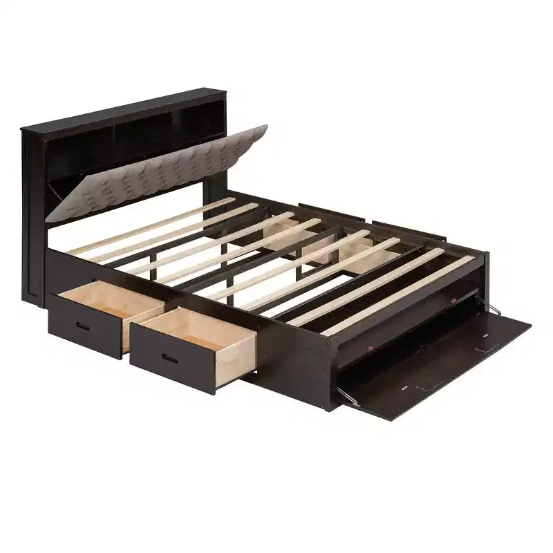 Letto a piattaforma Queen Size Whisen Wood con testiera contenitore, scarpiera e 4 cassetti