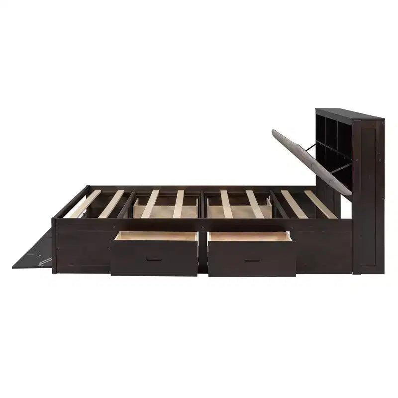 Letto a piattaforma Queen Size Whisen Wood con testiera contenitore, scarpiera e 4 cassetti