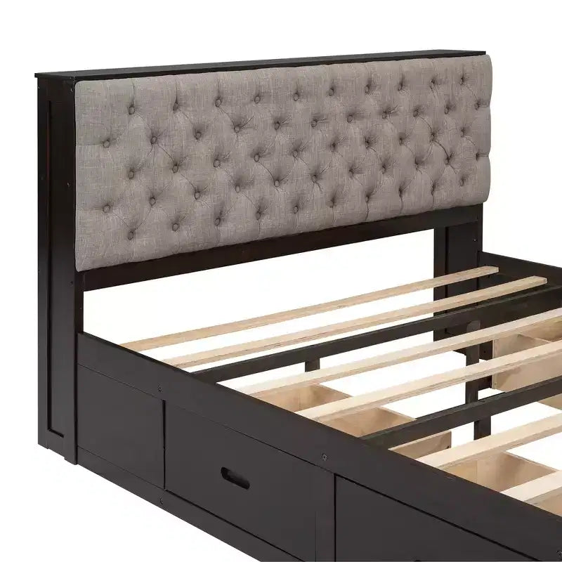 Letto a piattaforma Queen Size Whisen Wood con testiera contenitore, scarpiera e 4 cassetti