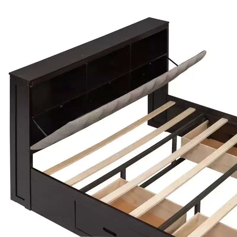 Letto a piattaforma Queen Size Whisen Wood con testiera contenitore, scarpiera e 4 cassetti