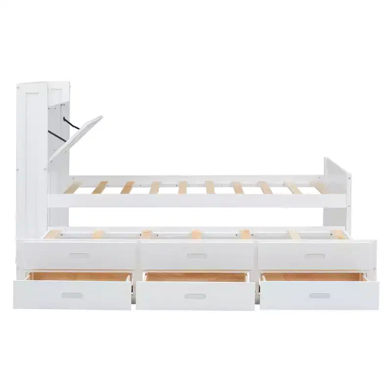 Struttura letto a piattaforma in legno Twin/Full Size con testiera portaoggetti e prese di corrente, letto estraibile Twin Size e 3 cassetti portaoggetti - ModernLuxe