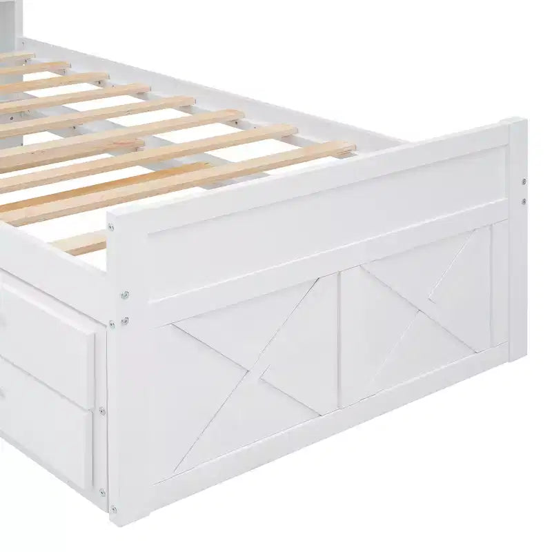 Struttura letto a piattaforma in legno Twin/Full Size con testiera portaoggetti e prese di corrente, letto estraibile Twin Size e 3 cassetti portaoggetti - ModernLuxe