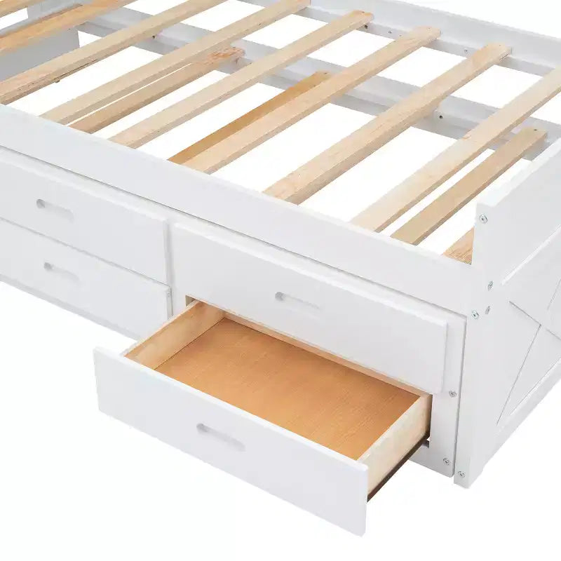 Struttura letto a piattaforma in legno Twin/Full Size con testiera portaoggetti e prese di corrente, letto estraibile Twin Size e 3 cassetti portaoggetti - ModernLuxe