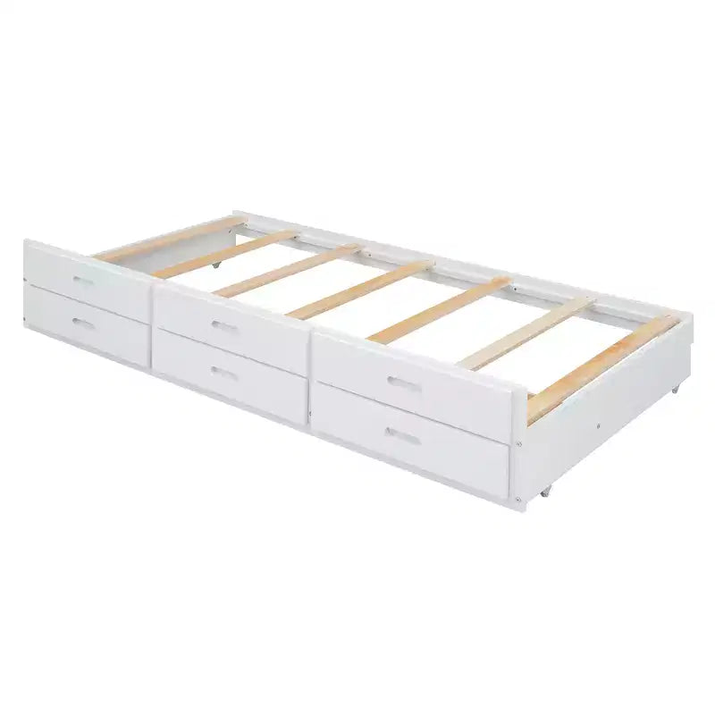 Struttura letto a piattaforma in legno Twin/Full Size con testiera portaoggetti e prese di corrente, letto estraibile Twin Size e 3 cassetti portaoggetti - ModernLuxe