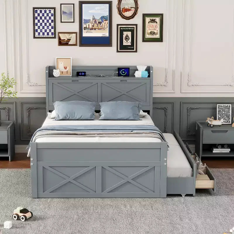 Struttura letto a piattaforma in legno Twin/Full Size con testiera portaoggetti e prese di corrente, letto estraibile Twin Size e 3 cassetti portaoggetti - ModernLuxe