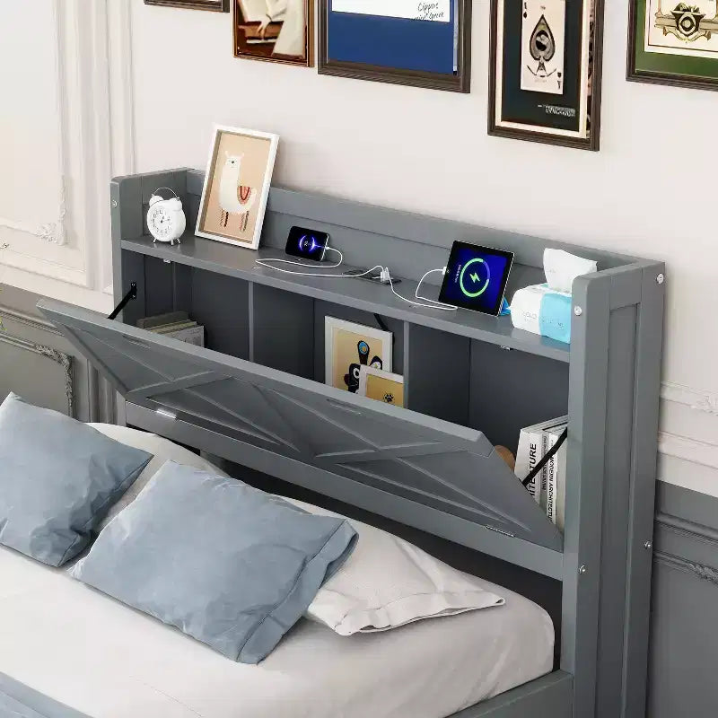Struttura letto a piattaforma in legno Twin/Full Size con testiera portaoggetti e prese di corrente, letto estraibile Twin Size e 3 cassetti portaoggetti - ModernLuxe